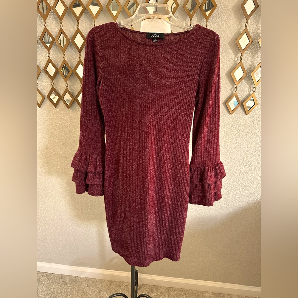 Lulu's Burgundy Bell Sleeve Lightweight Sweater Dress